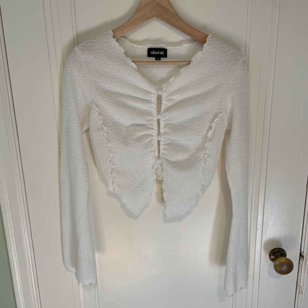 Expired Girl White Knit Cropped Cardigan Ruched Lettuce Edge Y2K Fairycore Small